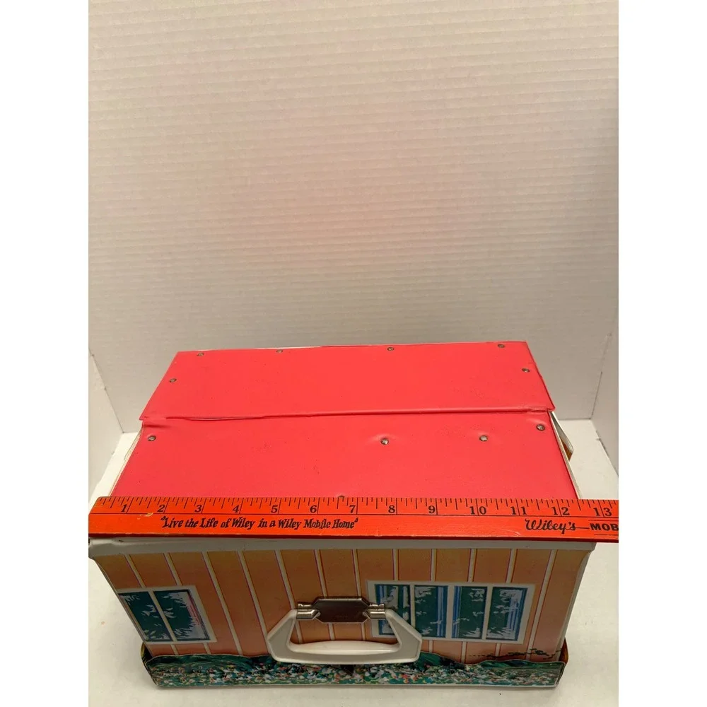 Vintage Ideal Toy Corp Vinyl Doll Case House Graphic Red Roof Blue Door